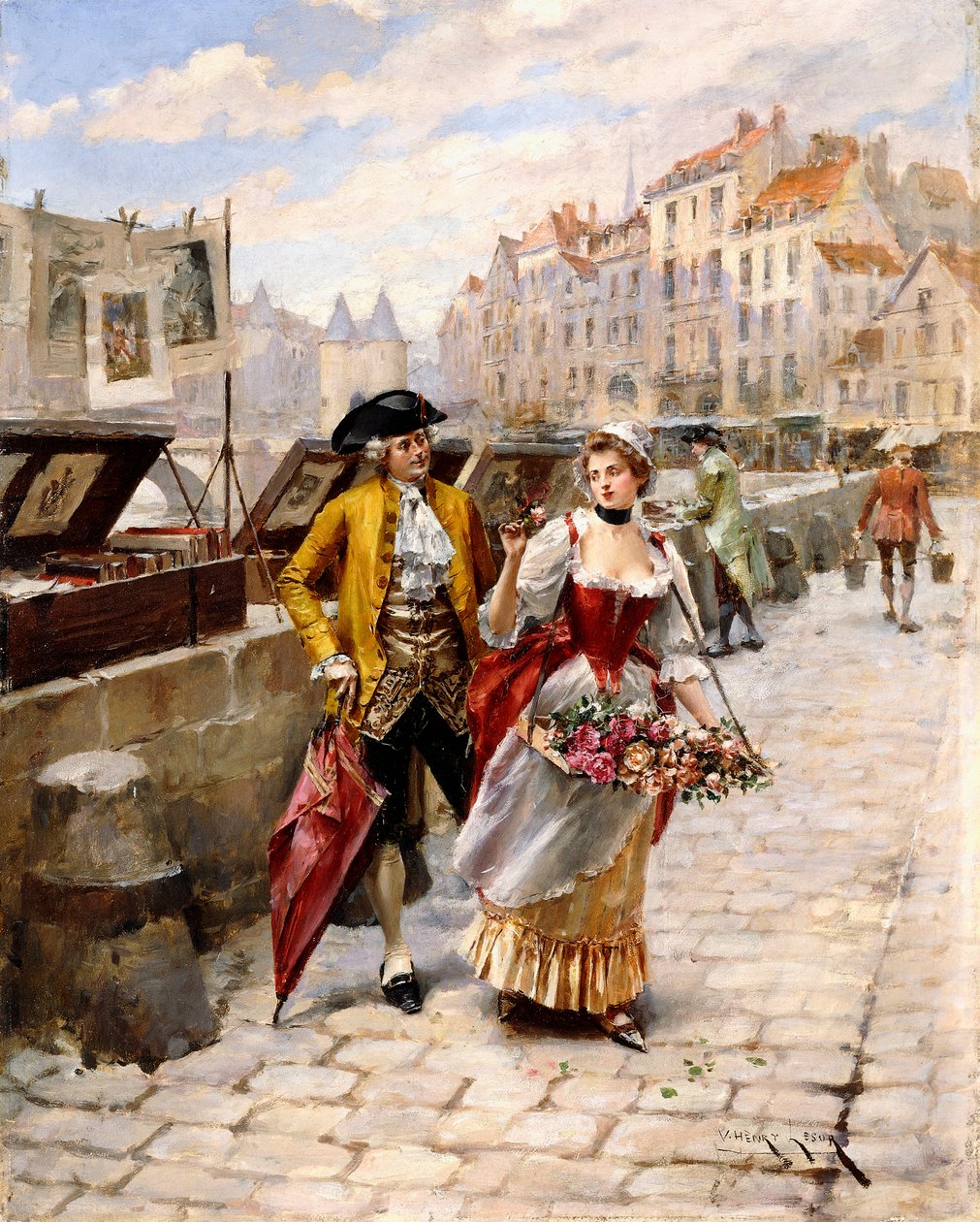 Cavalheiro e florista perto de Book Stalls by the Seine, de Henri Victor Lesur