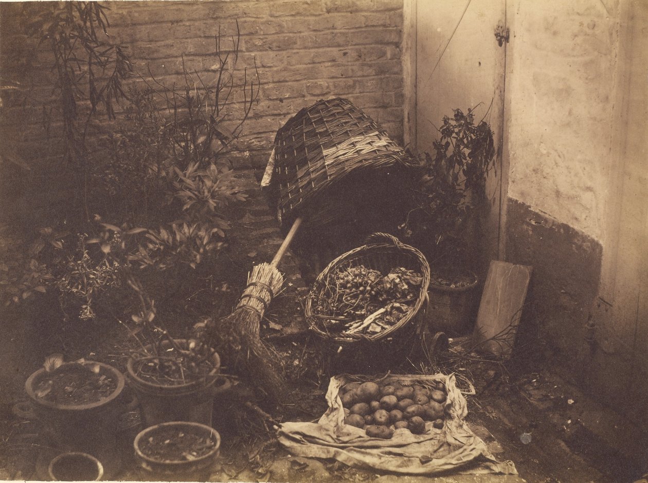 [Natureza morta com cestos de palha, vassoura, saco de batatas aberto e plantas em vaso] de Henri Victor Regnault