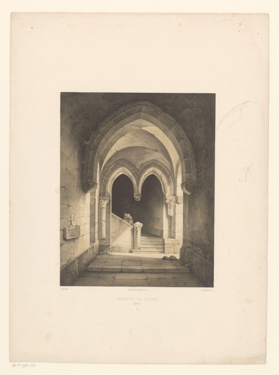 Interior de um convento com dois monges no fundo
Couvent de Carmes, Rouen (título sobre o objecto) de Henri de Boug d