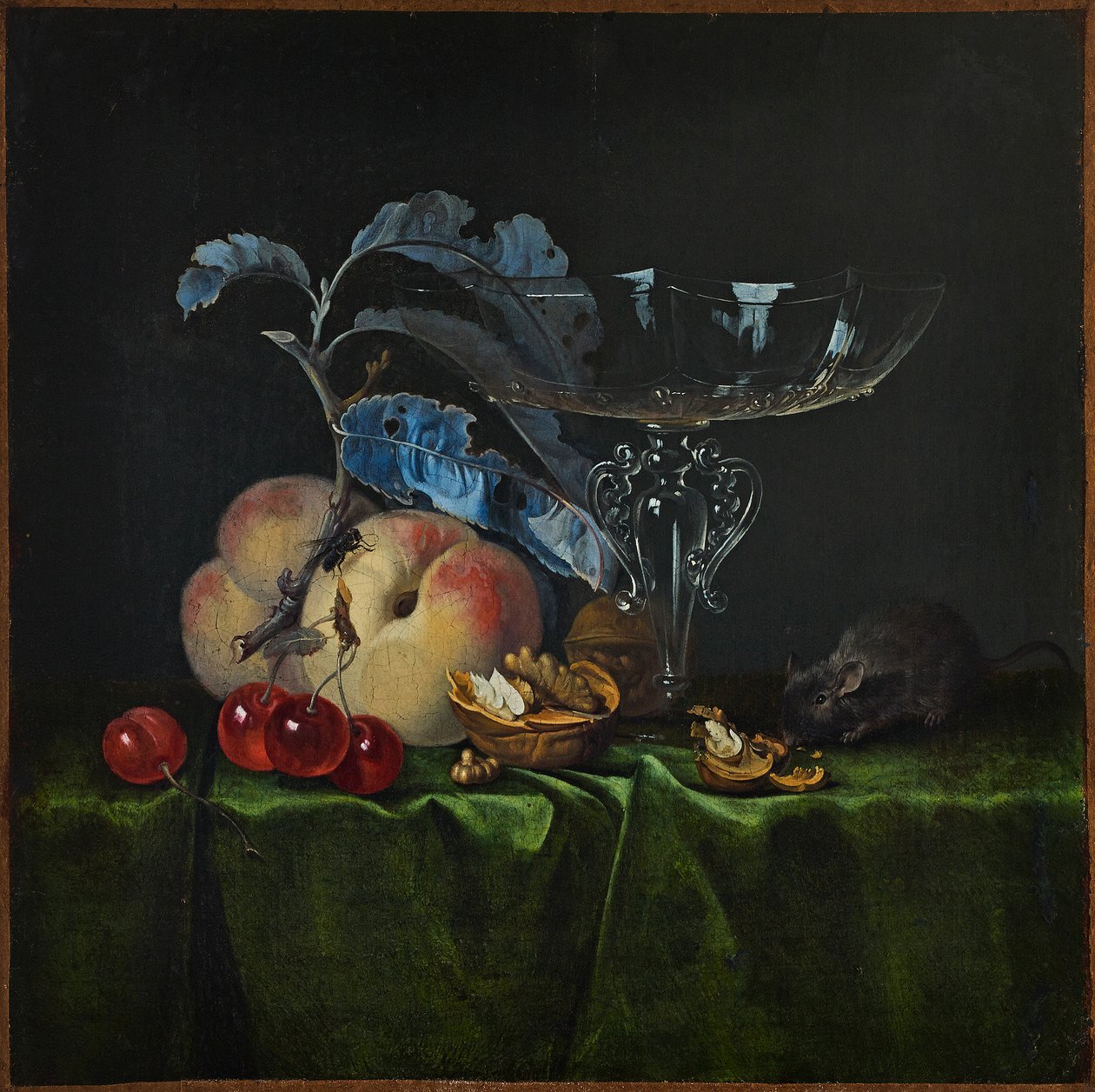 Natureza morta com pêssegos, nozes, rato e copo de vinho veneziano, 1661. de Henri de Fromantiou