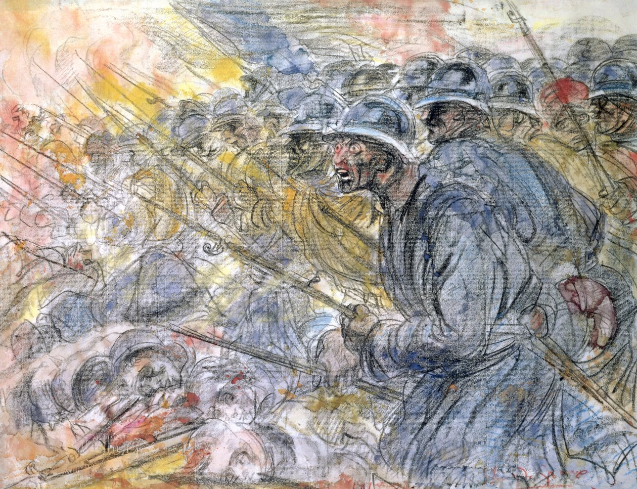 O Assalto, Verdun (lápis e wc no papel) de Henri de Groux