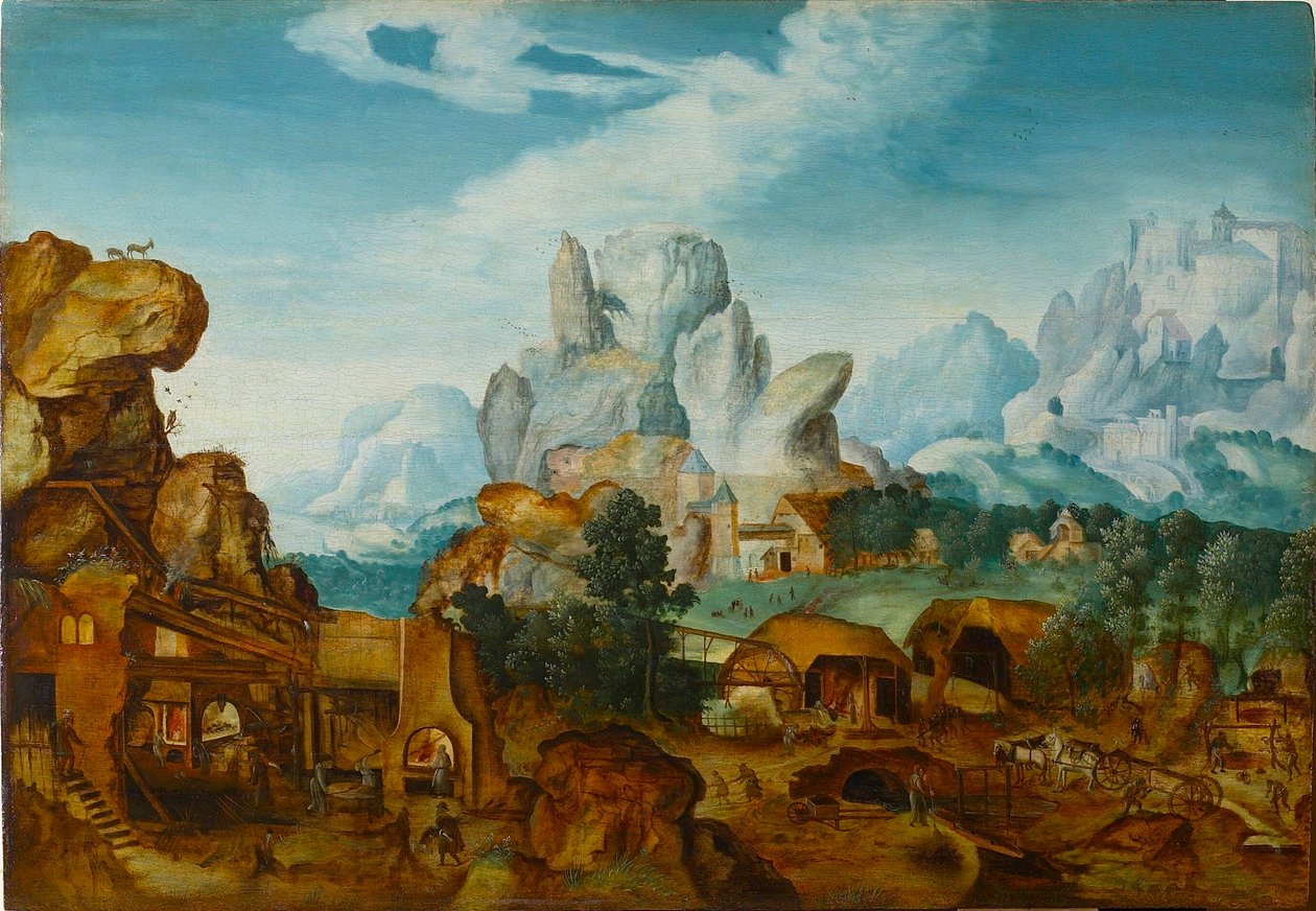 Paisagem rochosa com uma forja A fuga para o Egito, antes de 1550. de Henri de Herri met de Bles