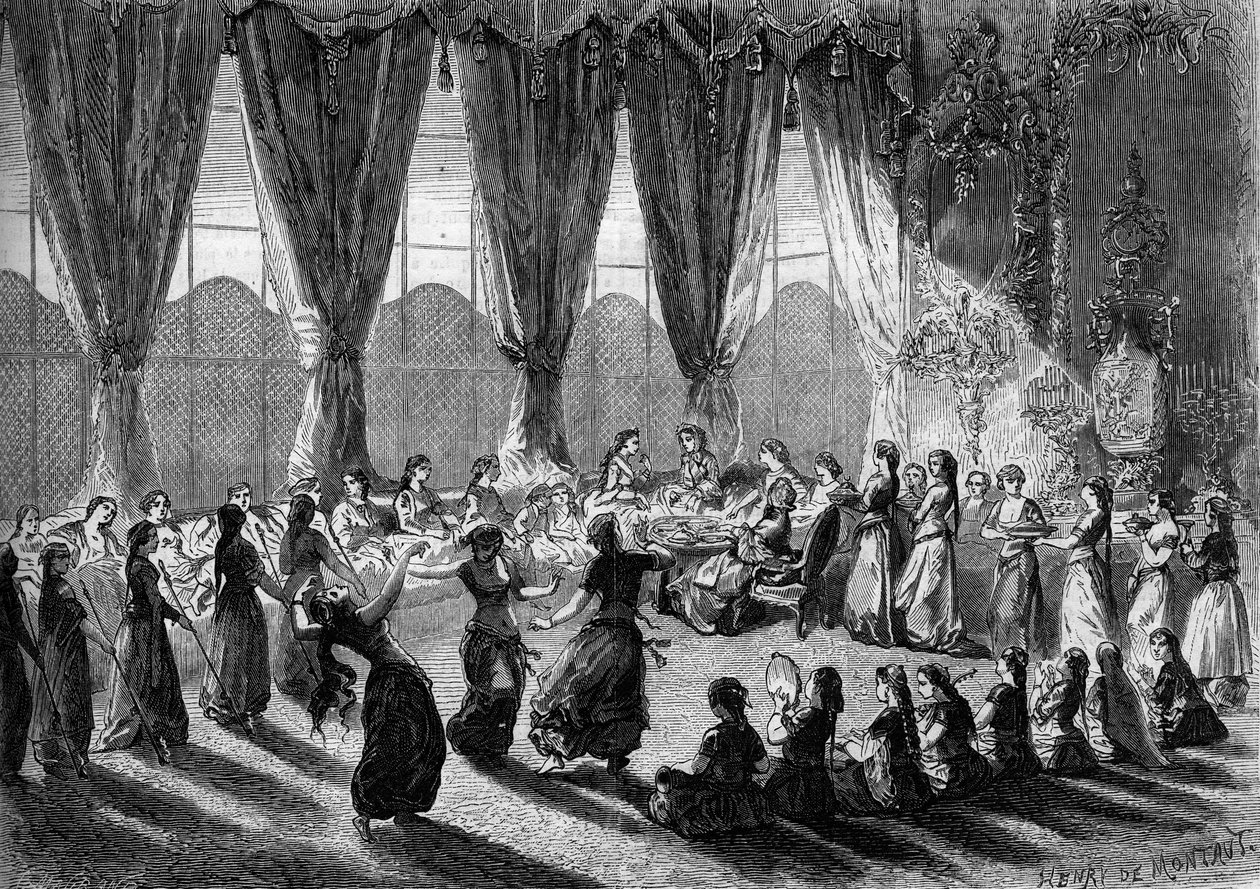 Recepção de damas europeias na sereia do Cairo pela Vice-Rinha do Egipto. As servas trazem os pratos enquanto músicos e dançarinos executam o espectáculo. Século XIX. Gravura de Henri de Montaut em "The Illustrous World" n°320 de 30 de Maio de 1863. de Henri de Montaut