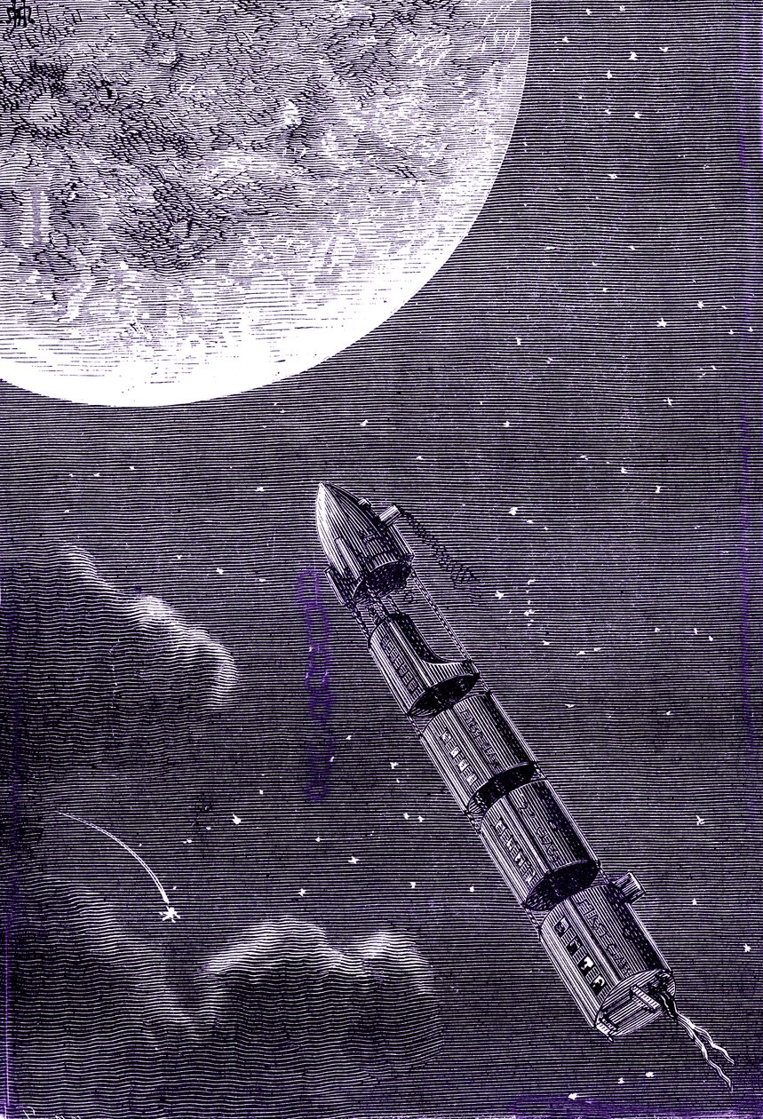 Comboio de balas (ou projécteis) disparado por um canhão gigante para a Lua, "Da Terra à Lua" de Júlio Verne de Henri de Montaut