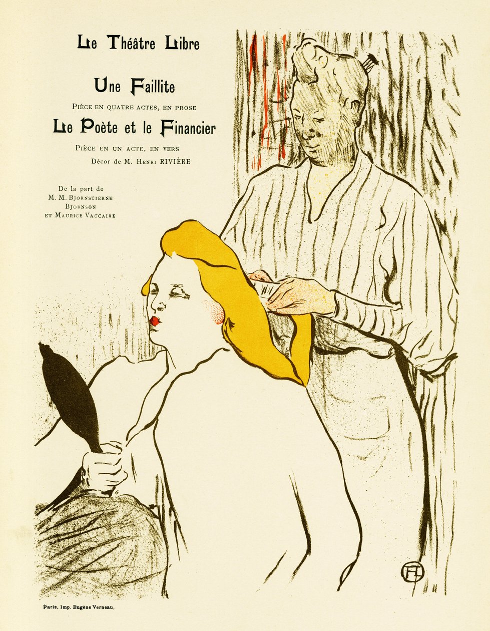Uma loira se olha no espelho enquanto arruma o cabelo. Cartaz para Une faillite et Le Poete et le Financier, peças de teatro representadas em 1893 no Teatro Livre criado em 1887 por André Antoine (1858-1943), Ilustração en lithogr de Henri de Toulouse Lautrec