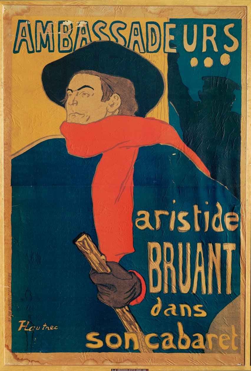Aristide Bruant, cantor e compositor, num cartaz que anuncia a sua atuação no elegante clube noturno "Les Ambassadeurs" nos Campos Elíseos (litografia) de Henri de Toulouse-Lautrec