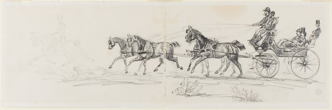 Carruagem Puxada a Cavalo Precedida por Cavaleiro Solteiro (reto); Homem andando a cavalo com cobertor e esboços de cabeças, cavalos e arco triunfal (verso) de Henri de Toulouse-Lautrec
