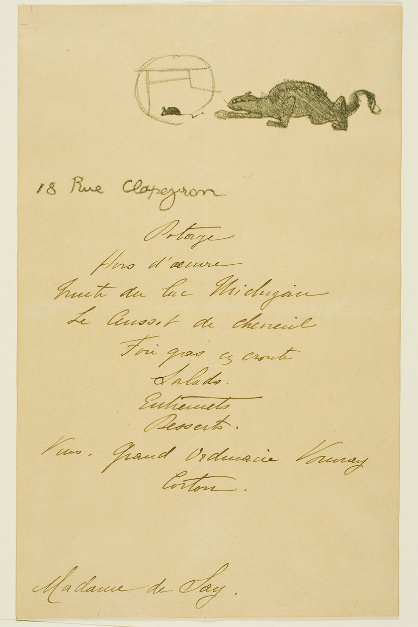 Ementa de um jantar oferecido por May Belfort de Henri de Toulouse-Lautrec