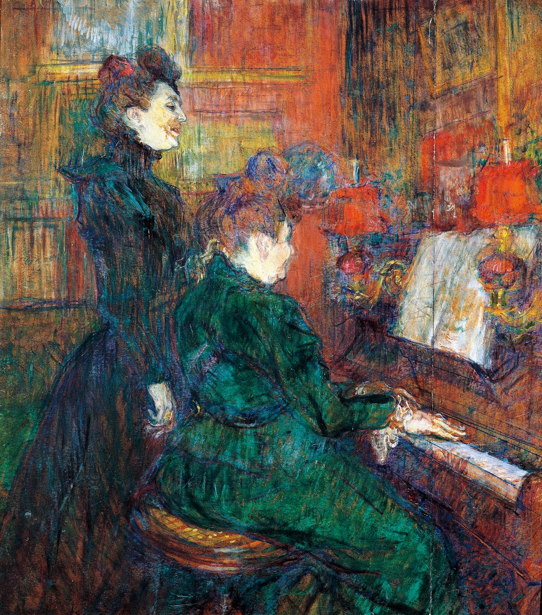 A lição de canto, de Henri de Toulouse Lautrec, óleo sobre papelão de Henri de Toulouse Lautrec
