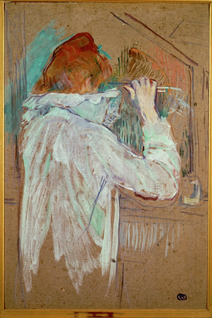 Mulher a encaracolar o cabelo (pintura sobre tela) de Henri de Toulouse-Lautrec