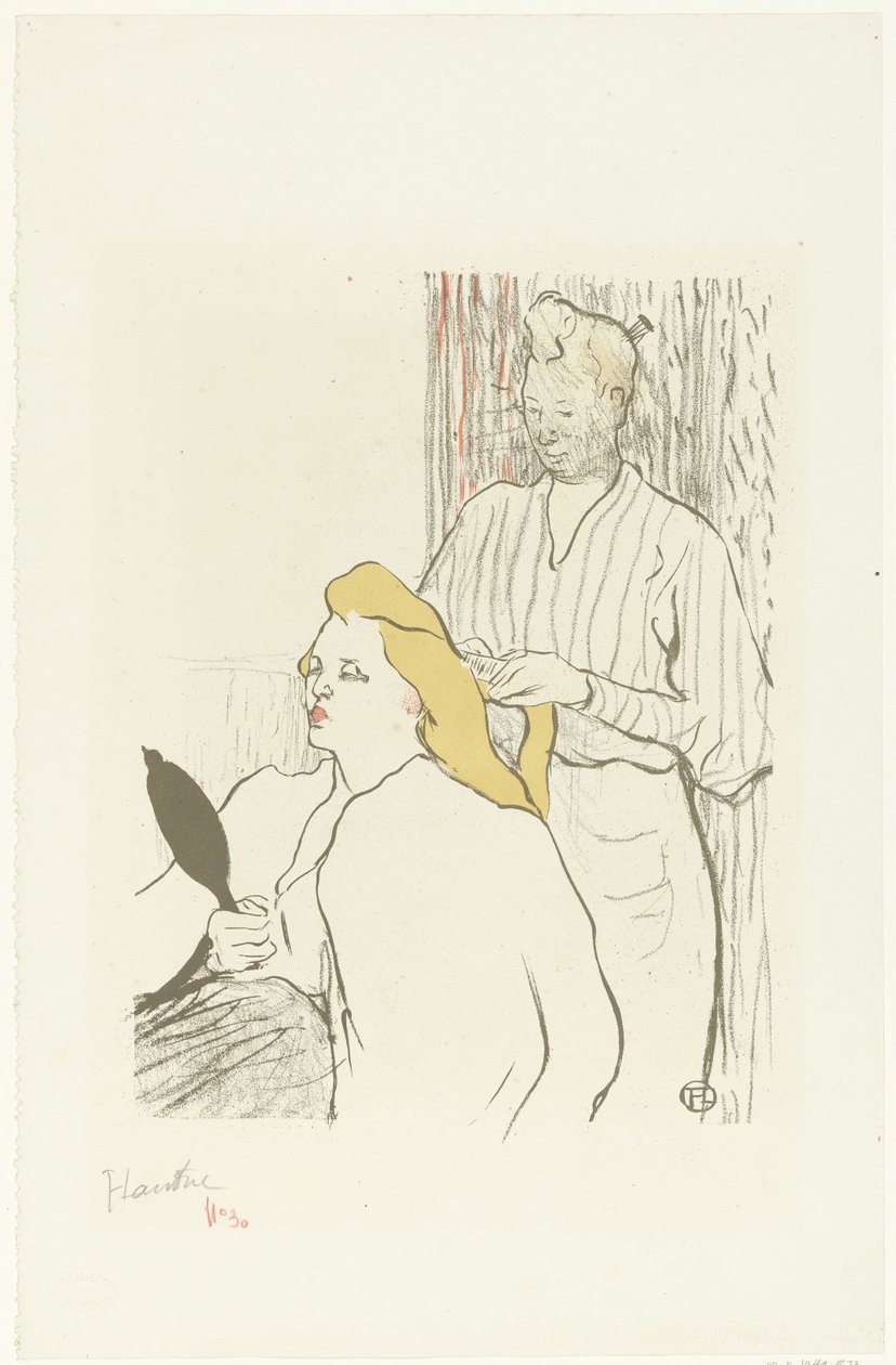 Cabeleireiro penteia cabelo de mulher sentada com espelho na mão
Le coiffeur Programme du Théâtre Libre de Henri de Toulouse Lautrec (signed by artist)