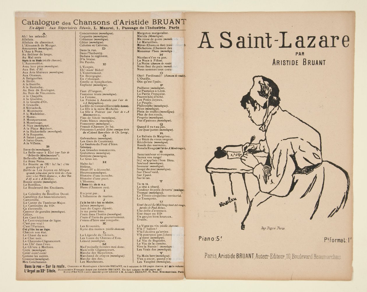 A Saint-Lazare, letra e música de Aristide Bruant, capa para partitura de Henri de Toulouse Lautrec