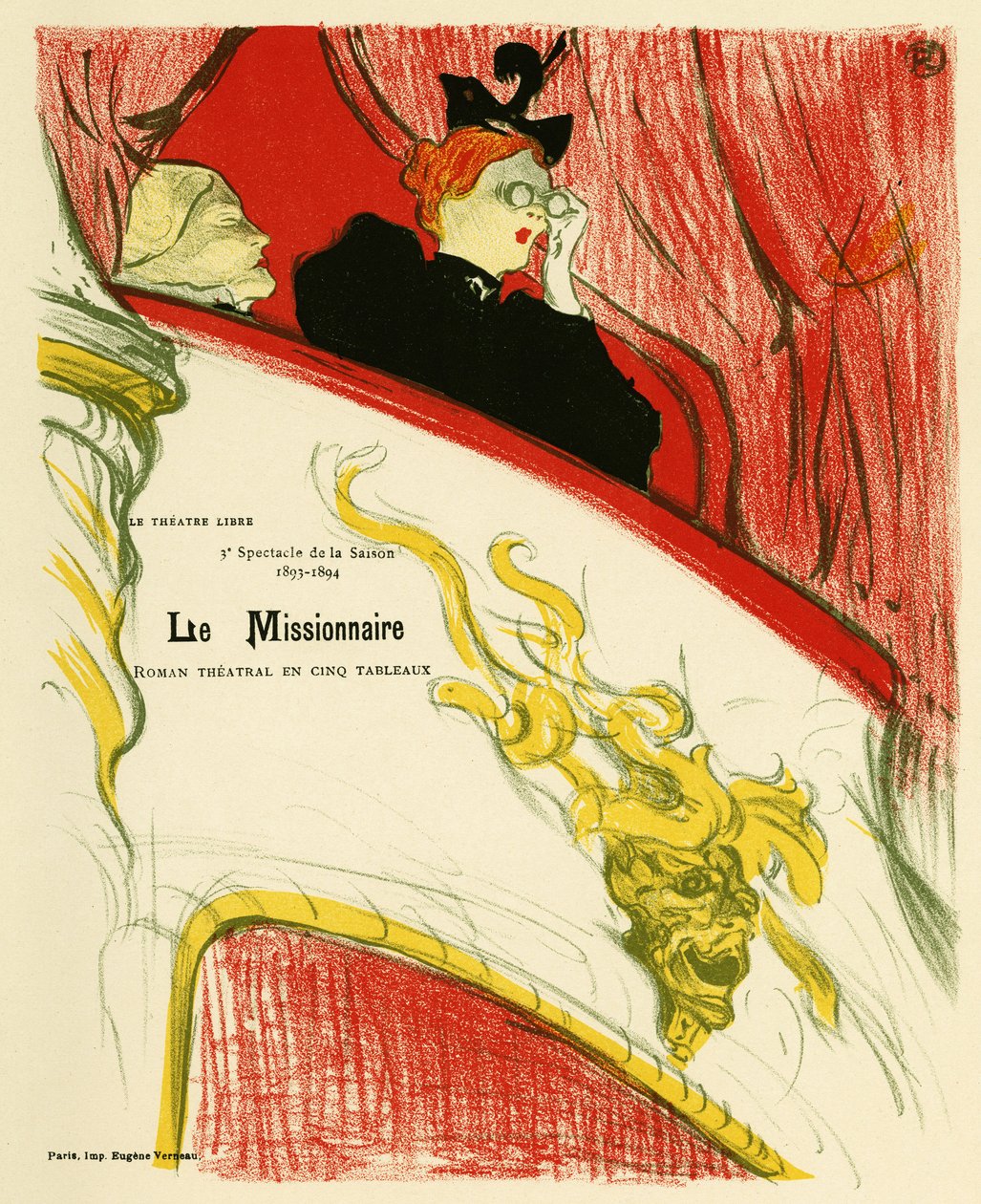 Uma mulher em um camarim de teatro usando um par de binóculos. Cartaz para o Missionário, peça de Marcel Luguet, representada em 1893 no Teatro Livre criado em 1887 por André Antoine (1858-1943), Ilustração em litografia de Henri de Toulouse Lautrec de Henri de Toulouse Lautrec