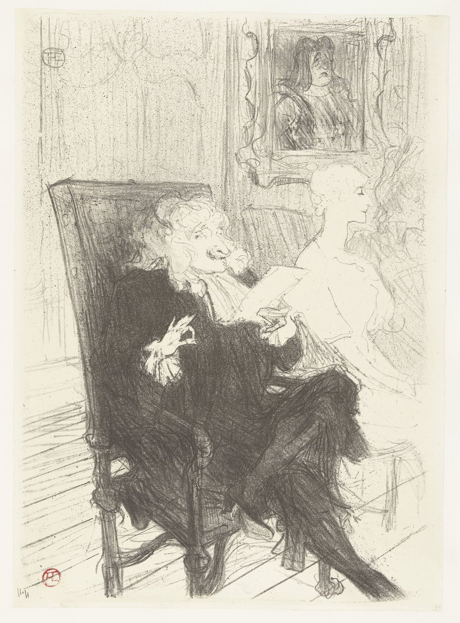 Atores Jules Charles Truffier como Marguerite Moreno em toneelstuk Learned women Truffier e Moreno em Mulheres Eruditas de Henri de Toulouse Lautrec