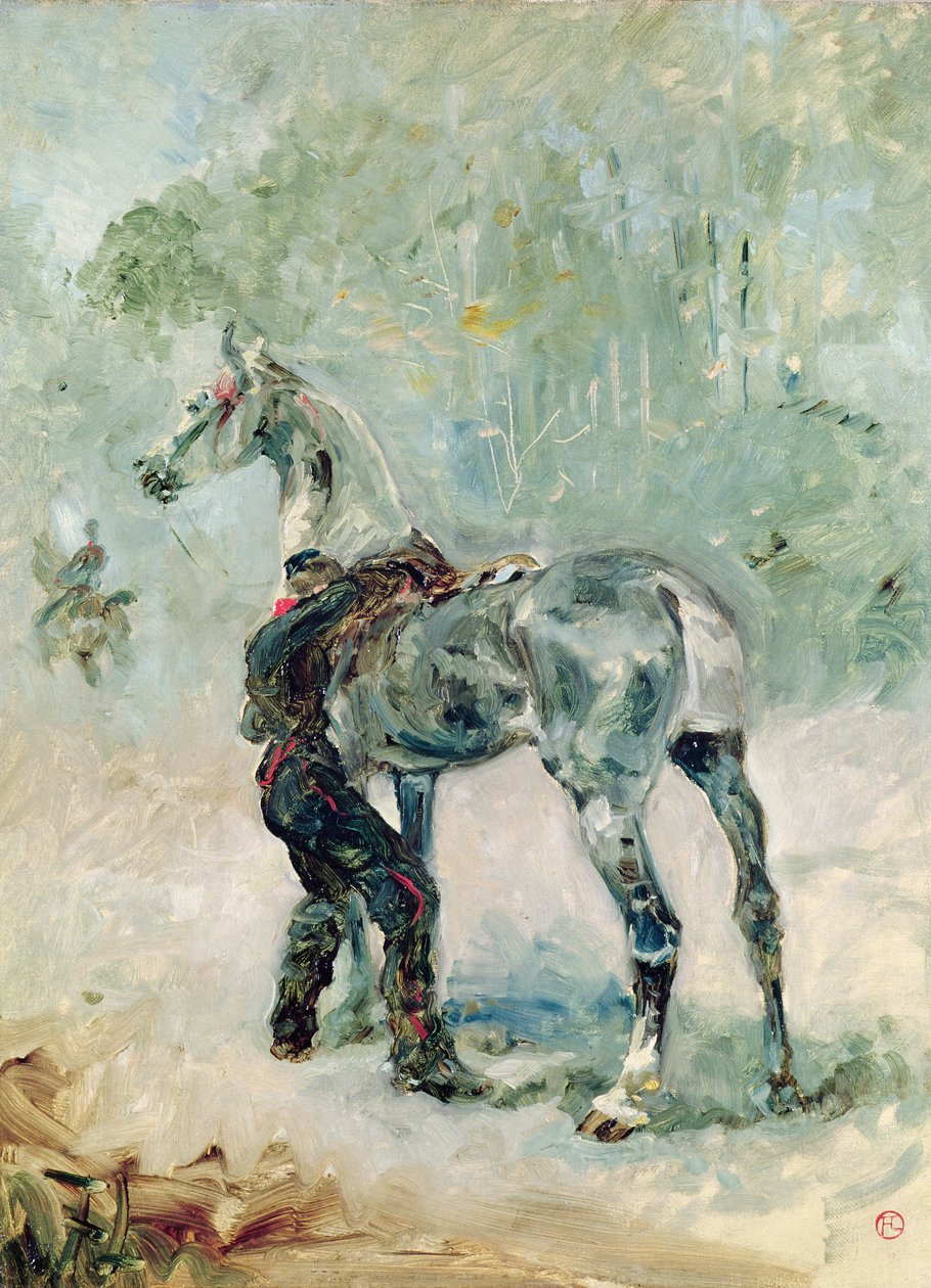 Artilheiro, selando seu cavalo, 1879 de Henri de Toulouse Lautrec