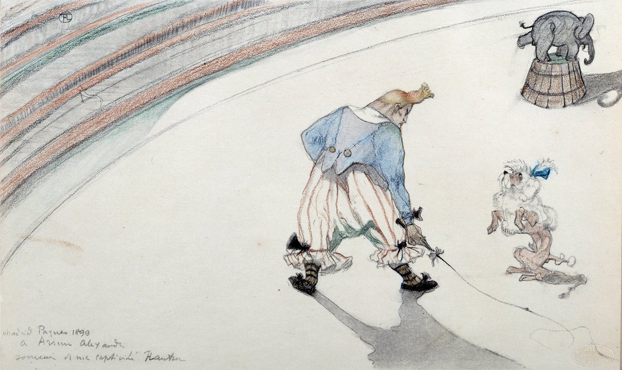 Cena de circo: adestramento. Um palhaço com um cão cientista e um elefante acrobático. Desenho de Henri de Toulouse Lautrec (1864-1901) Albi do século XIX, Musee de Toulouse Lautrec de Henri de Toulouse Lautrec