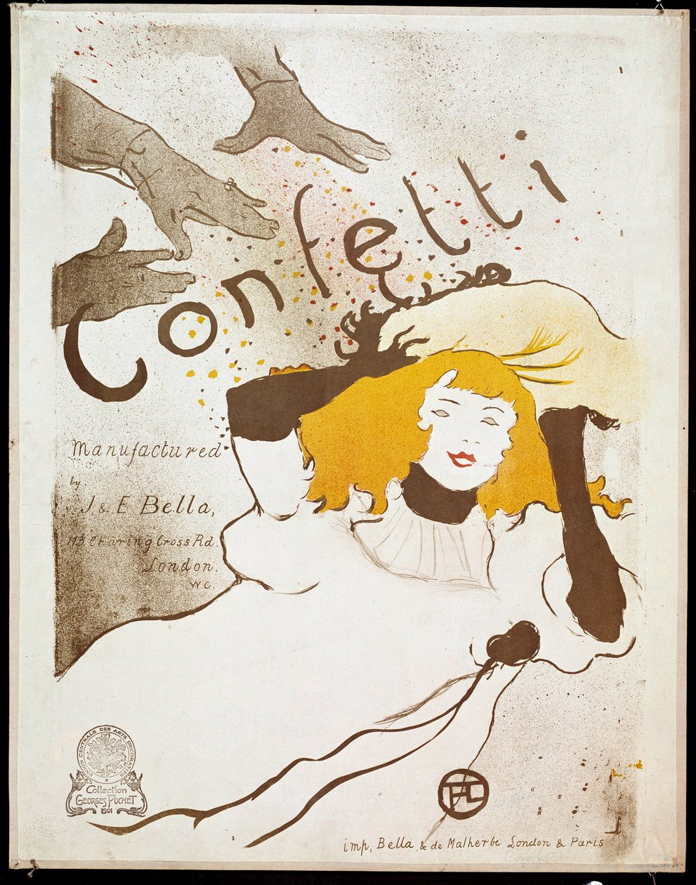 Confetti: mãos jogam pulsos de confetes em uma mulher de cabelo amarelo. Cartaz de Henri de Toulouse-Lautrec (1864-1901). Dim. 0.54 x 0.39. 1893. Albi, Musee Toulouse Lautrec de Henri de Toulouse Lautrec
