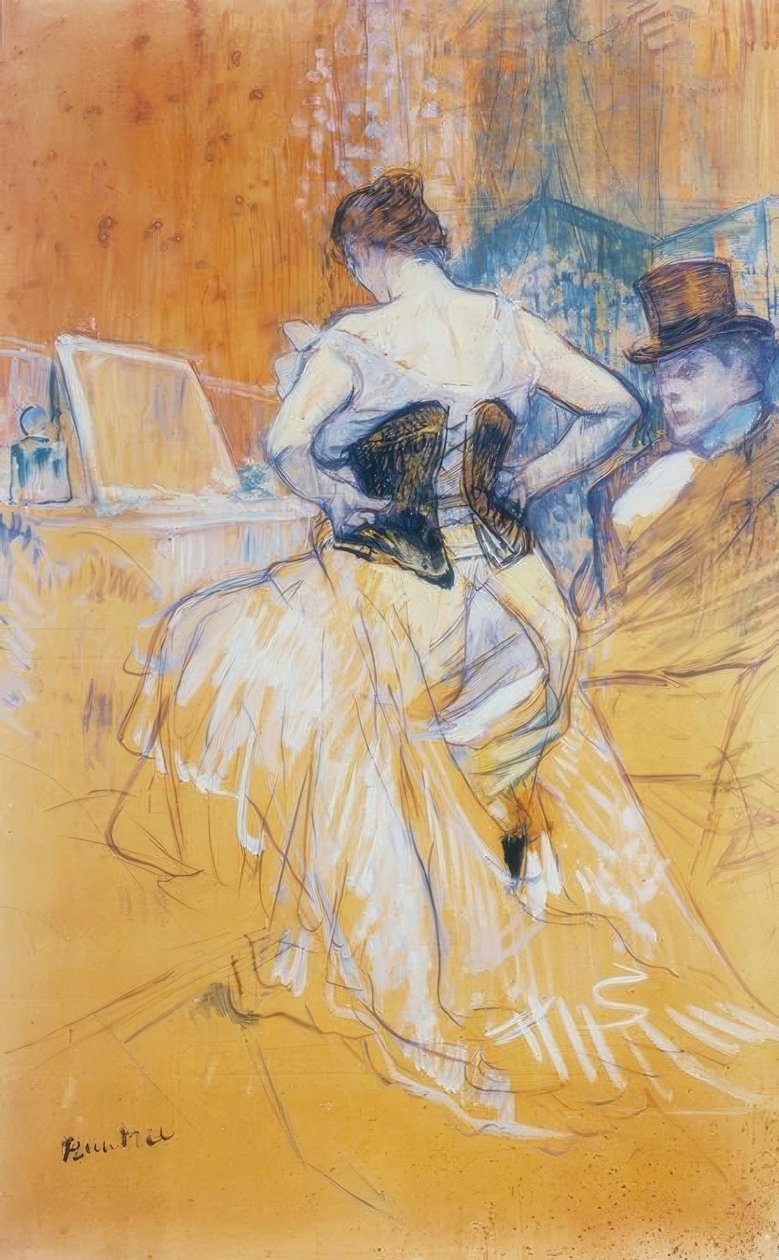 Mulher colocando seu espartilho, conquista da passagem de Henri de Toulouse Lautrec