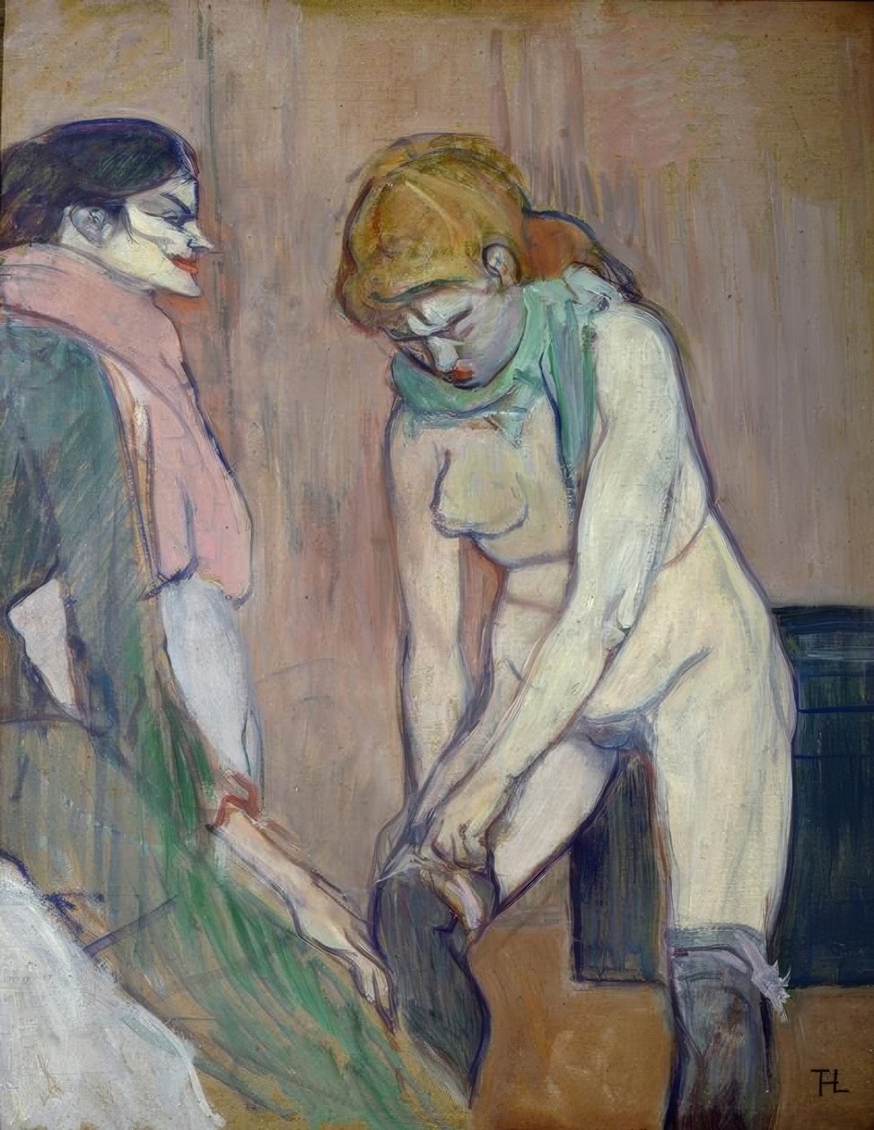 Mulher puxando suas meias de Henri de Toulouse Lautrec