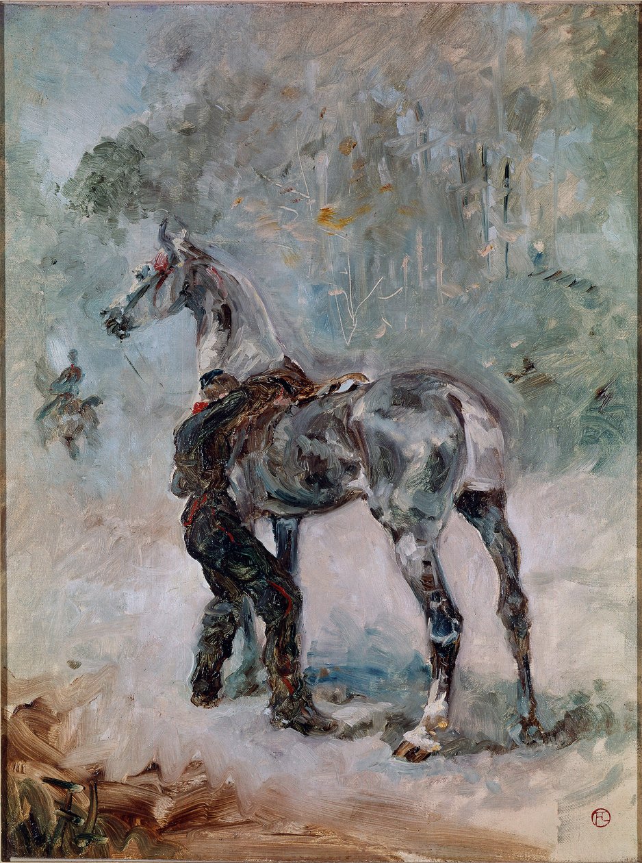 O Gunner a selar o seu cavalo. Pintura de Henri de Toulouse-Lautrec (1864-1901) de Henri de Toulouse Lautrec