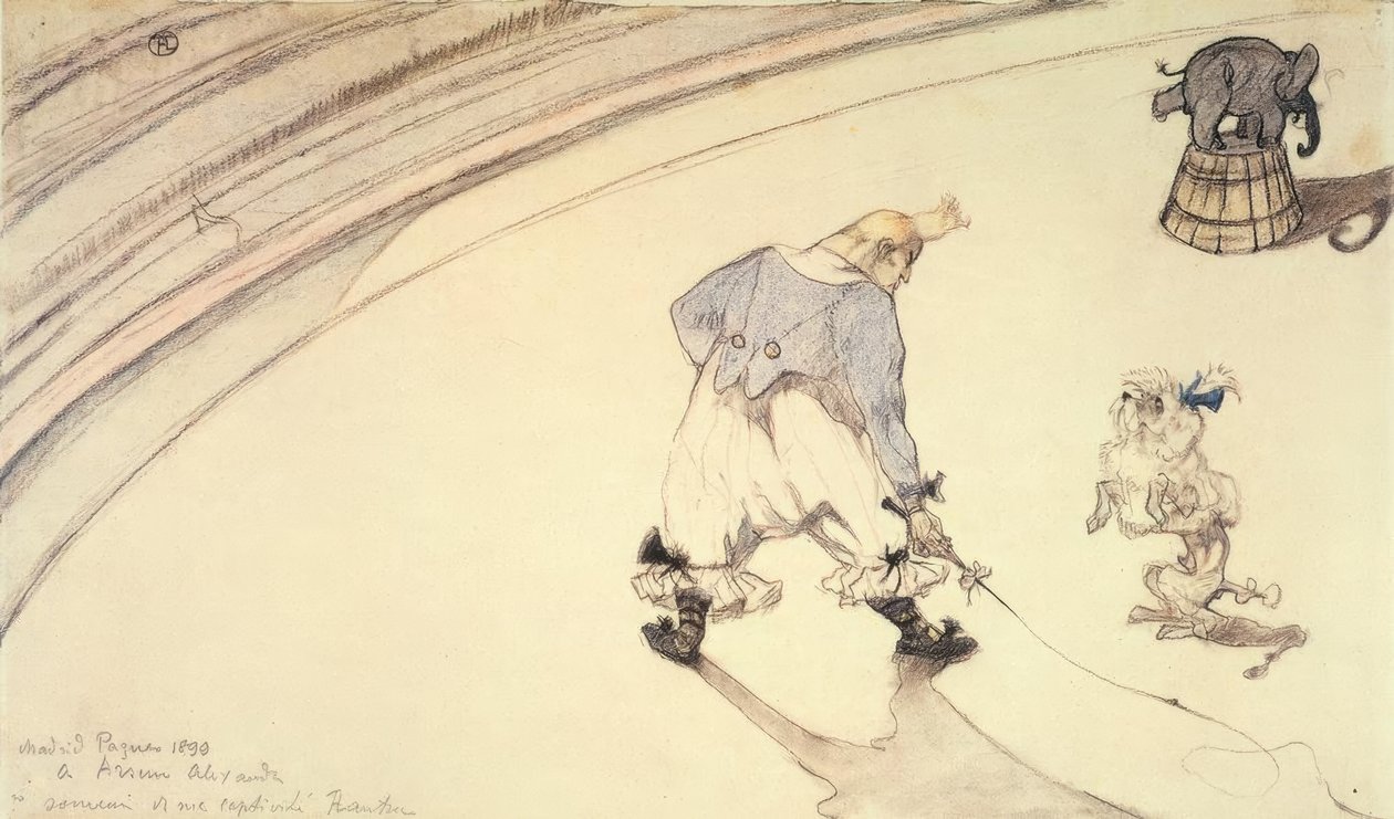 No circo: The Clown Footit com cachorro poodle e elefante de Henri de Toulouse Lautrec