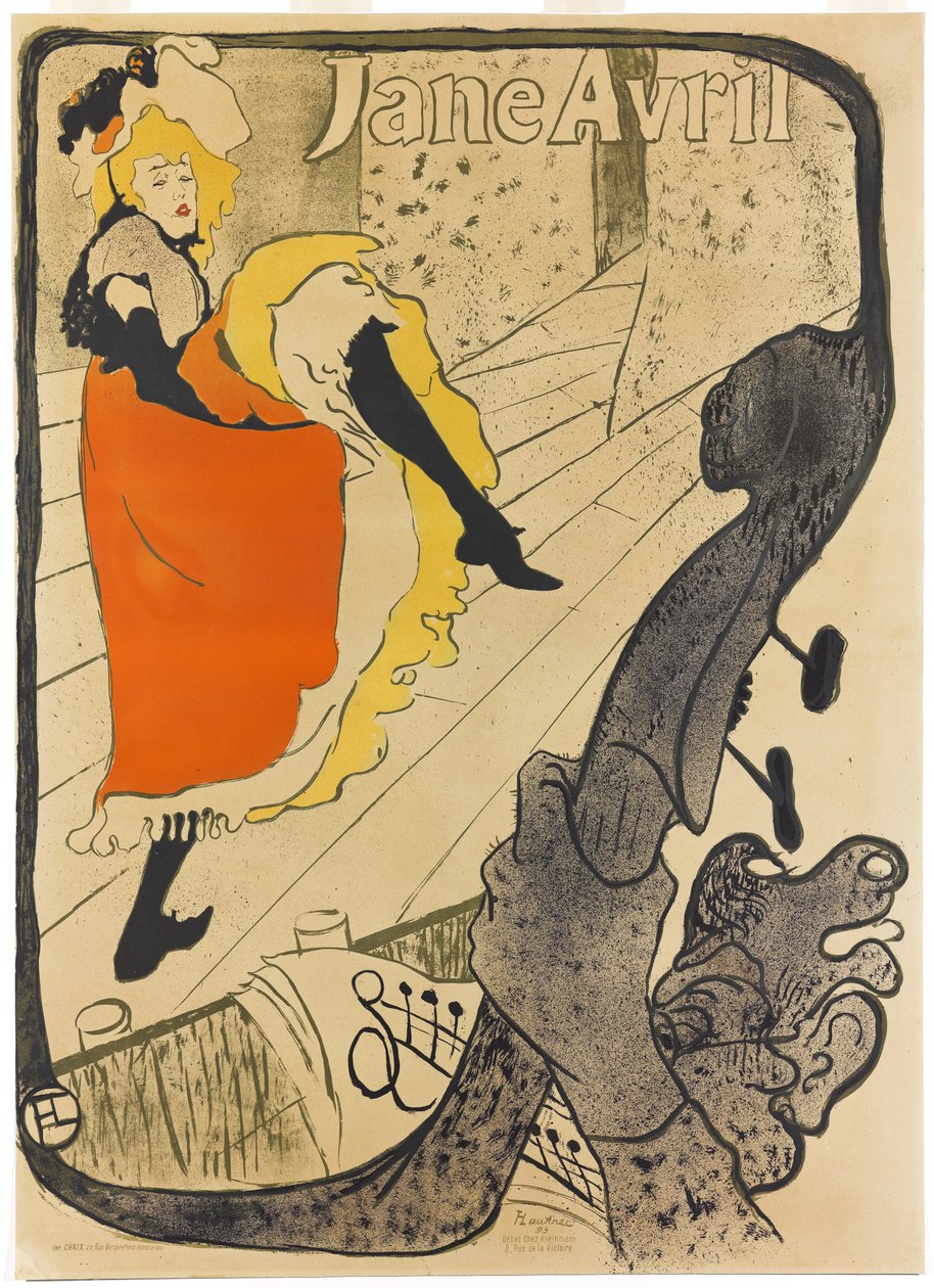Jane Avril, 1893 (litografia de pincel e respingos, impressa em cinco cores sobre papel) de Henri de Toulouse Lautrec