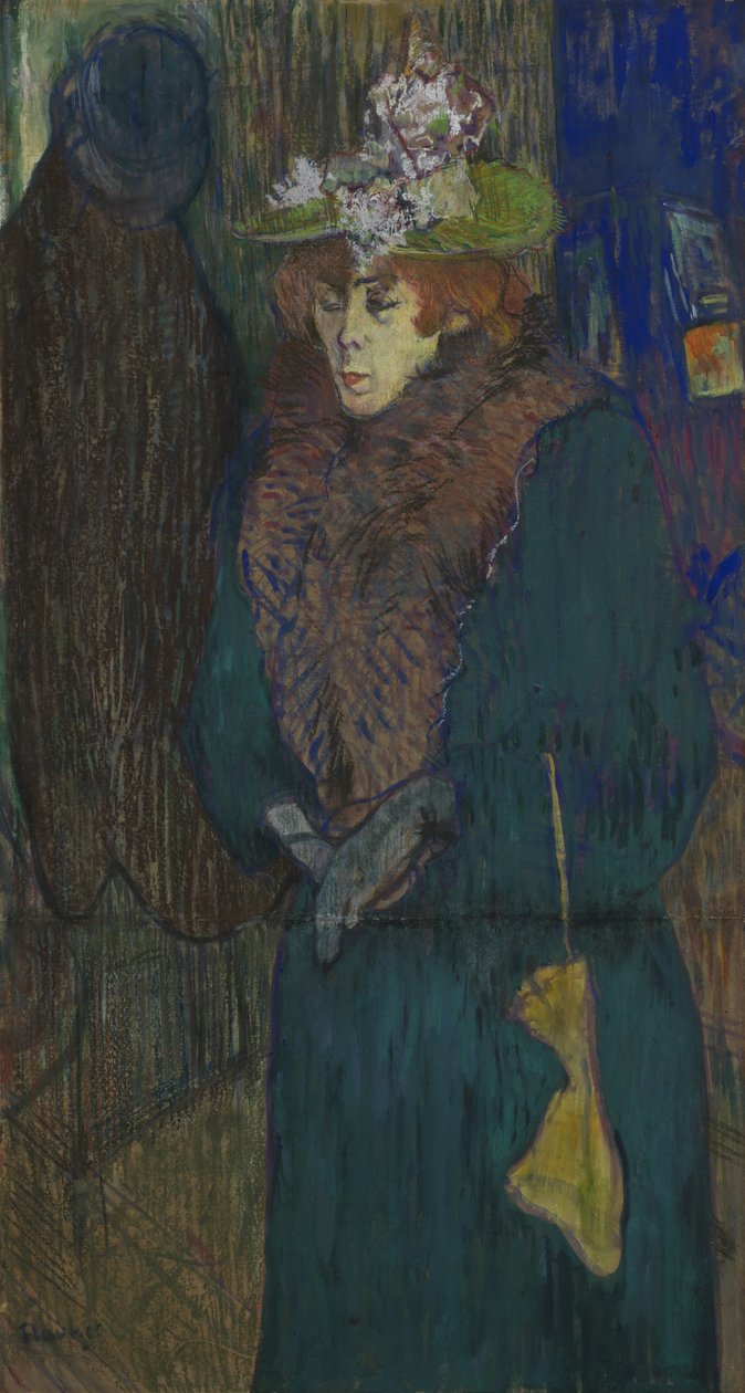 Jane Avril na entrada do Moulin Rouge, vestindo suas luvas, c.1892 de Henri de Toulouse Lautrec