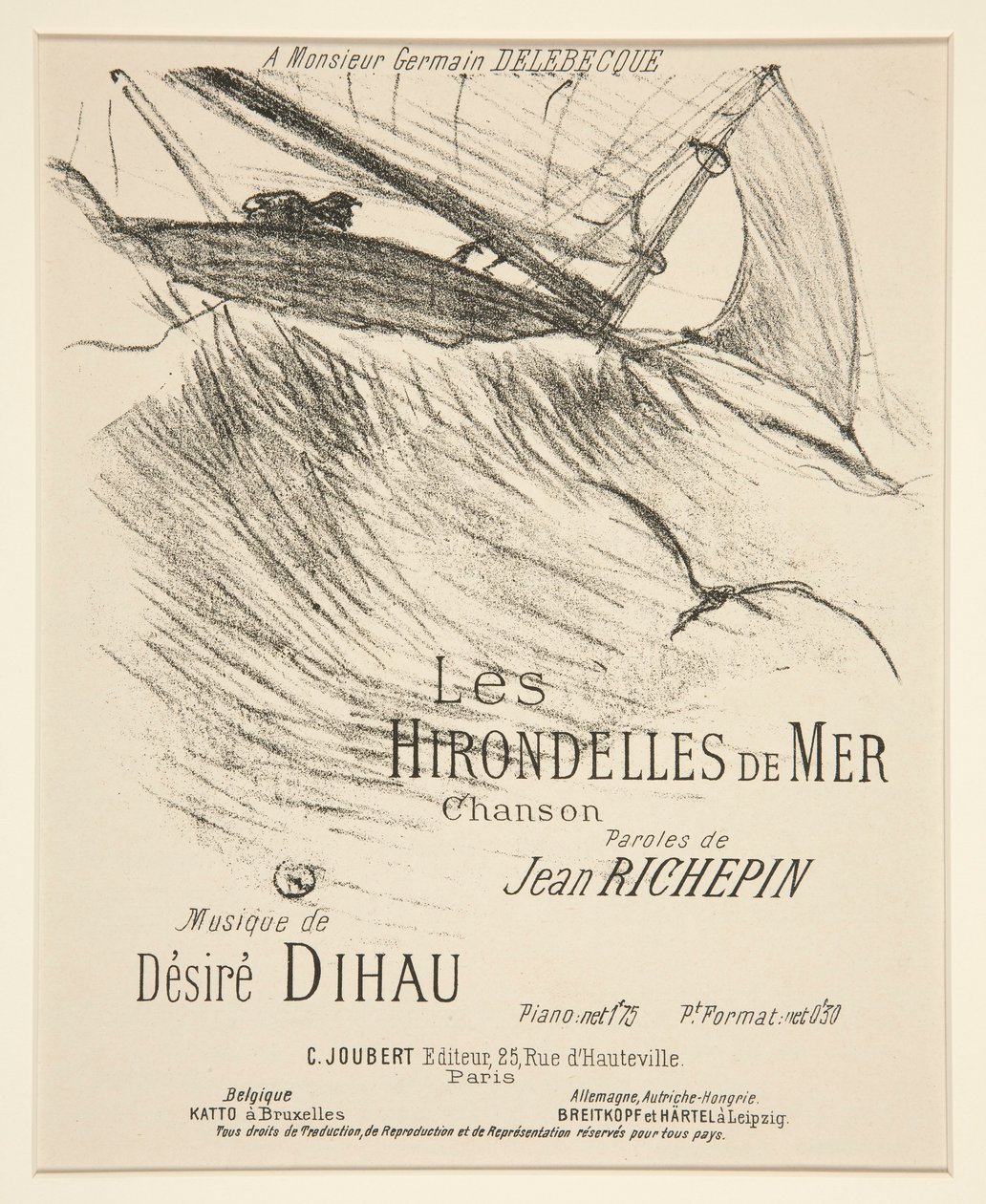 LES HIRONDELLES DE MER - Folha de capa para composição musical impressa (poema de Richepin definido com música de Dihau) de Henri de Toulouse Lautrec