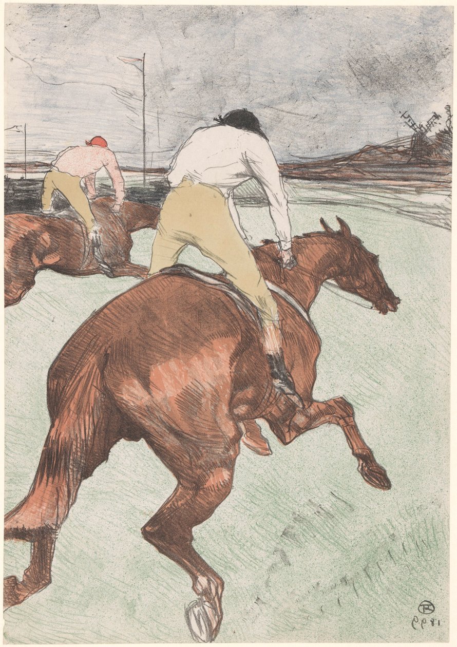 "Le Jockey" Dois jóqueis a cavalo Le jockey (título original) Corrida de cavalos (título da série) Cursos (título da série) de Henri de Toulouse Lautrec