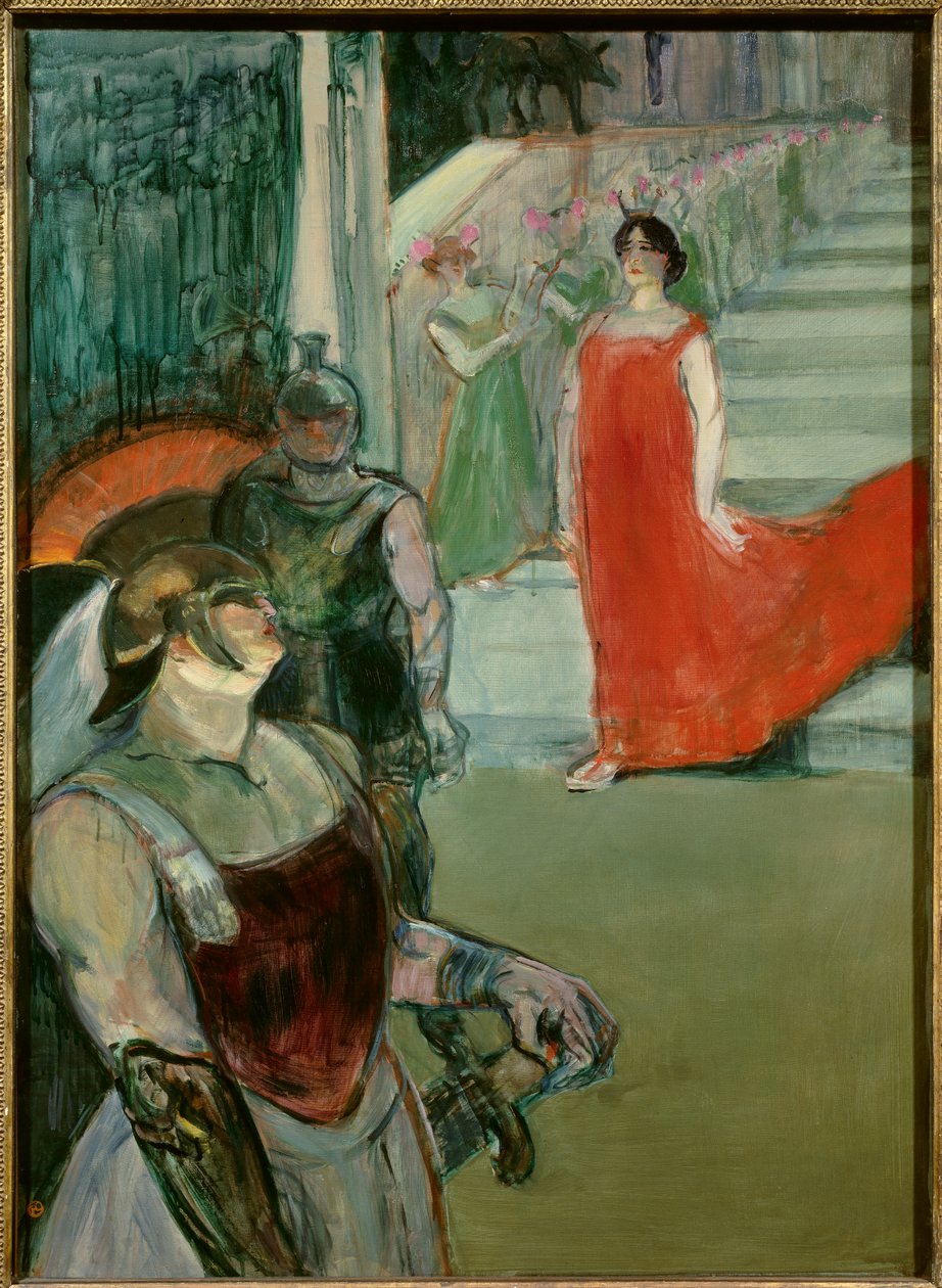 Messaline desce a escadaria forrada com extras da Ópera "Messaline" de Isidore de Lara. Pintura de Henri Toulouse Lautrec (1864-1901) Sol do século XX. 0,99x0,72 m Los Angeles. Museu Municipal de Arte - Messalina descendo a escadaria com figurantes de de Henri de Toulouse Lautrec
