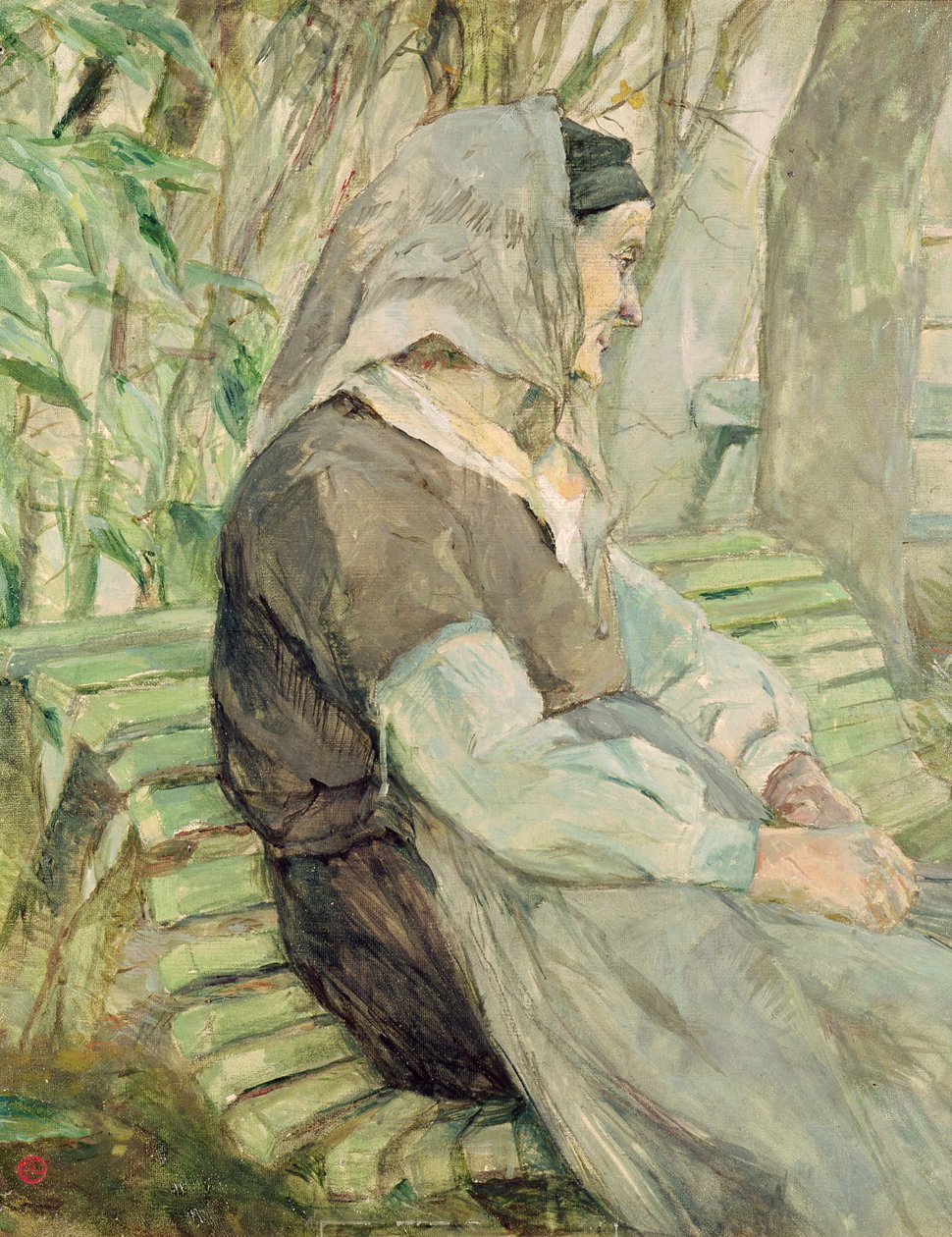 Mulher velha sentada numa bancada em Celeyran de Henri de Toulouse Lautrec