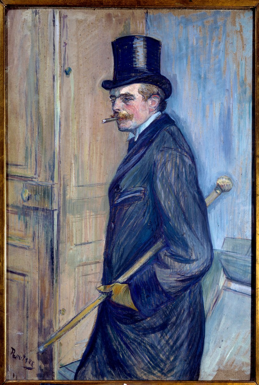 Retrato de Louis Pascal (1864-1901) O primo do artista é retratado em uma cartola com uma bengala e fumando. Pintura de Henri de Toulouse Lautrec (1864-1901) 1891 Sol. 0,81x0,54 m Albi. Musee Toulouse Lautrec - Retrato de Louis Pascal (1864-1901), o artist de Henri de Toulouse Lautrec