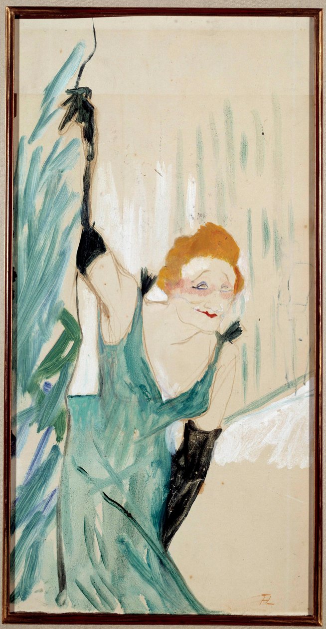 Retrato da cantora francesa Yvette Guilbert (1867-1944) saudando a litografia pública de Henri de Toulouse Lautrec (1864-1901) 1894. Dim. 0,48x0,28 m. Musee Henri de Toulouse-Lautrec, Albi de Henri de Toulouse Lautrec