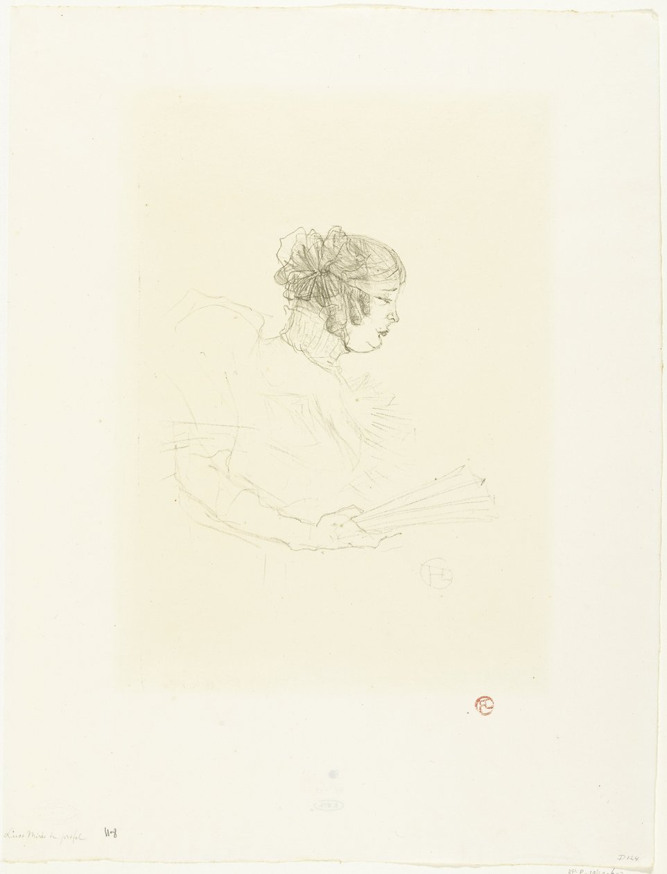 Retrato da atriz Luce Myrès com fã Luce Myres no perfil de Henri de Toulouse Lautrec