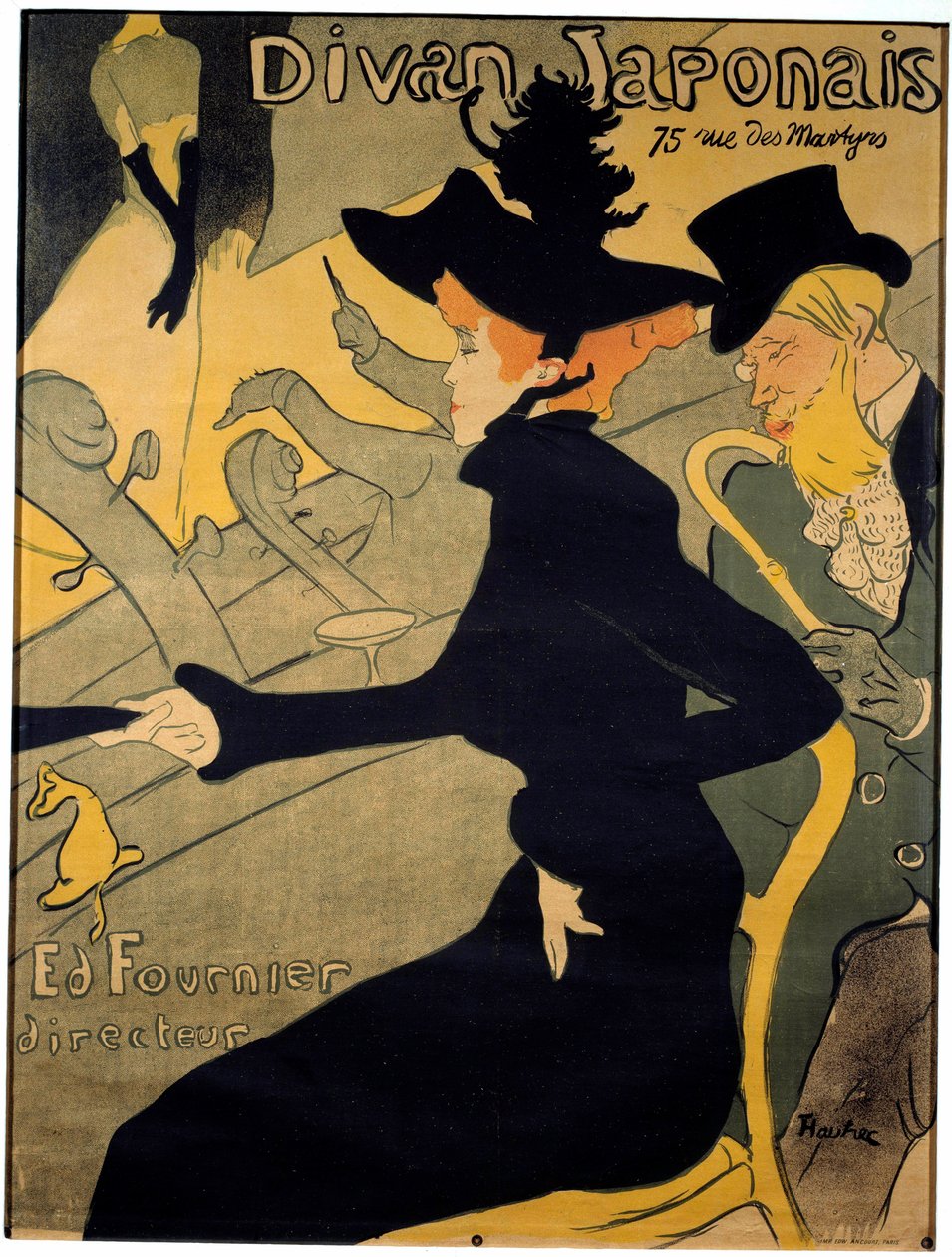 Cartaz para o cabaré parisiense "O sofá japonês" representando a bailarina Jane Avril (1868-1943) e a bailarina Edouard Dujardin (1861-1949) vendo a cantora Yvette Guilbert (1867-1944) se apresentando no palco - Litografia de Henri de Toulouse-Lautr de Henri de Toulouse Lautrec