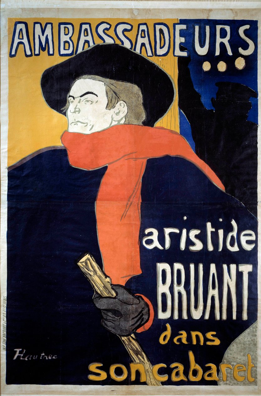 Cartaz para o espectáculo de Aristide Bruant (1851-1925), compositor francês. "Embaixadores - Aristide Sparrow no seu cabaré". Litografia de Henri de Toulouse-Lautrec (1864-1901). 1892. Dim 1,41 x 0,98 m Bruxelas, musee d