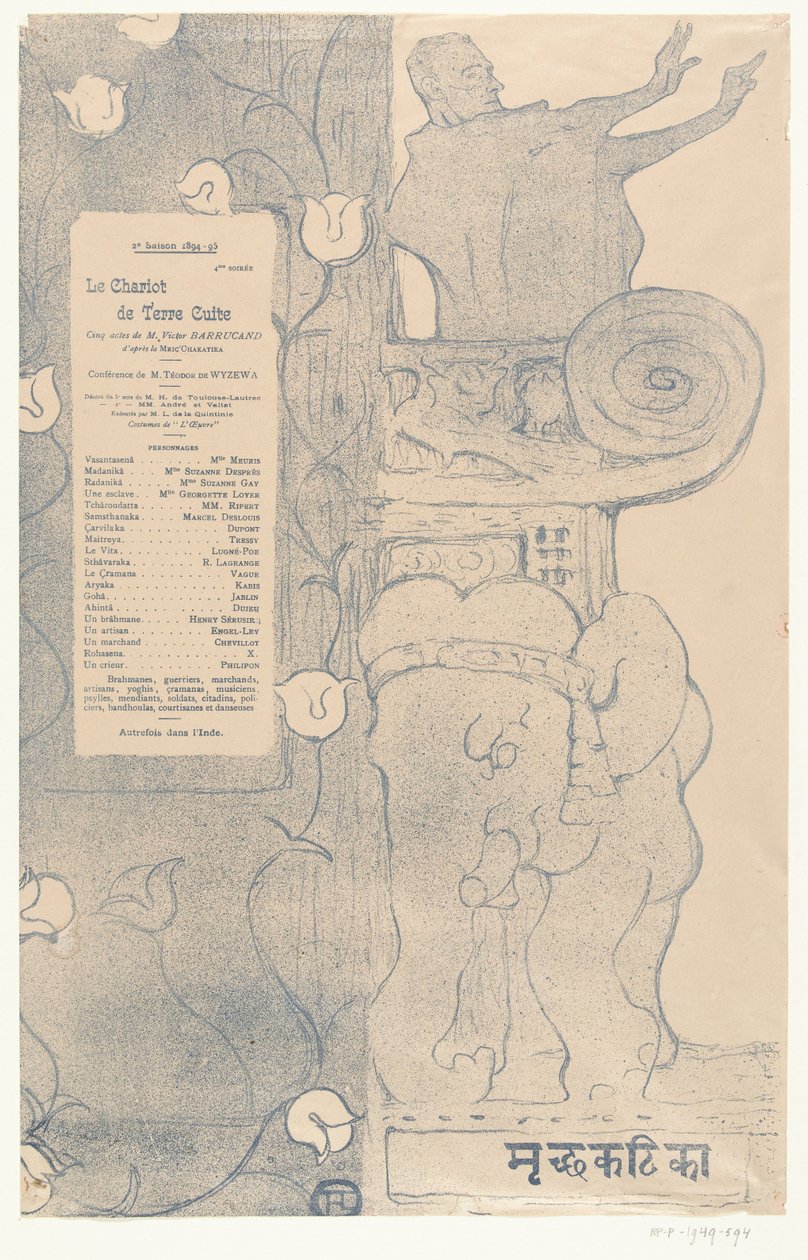 Programa para a peça Le chariot de terre cuite com o ator Felix Fénéon em pé na varanda acima do elefante indiano Programa para Le chariot de terre cuite de Henri de Toulouse Lautrec
