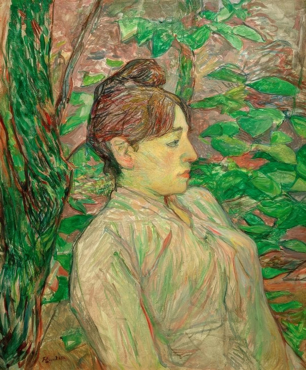 Sob a vegetação (mulher sentada em um jardim) de Henri de Toulouse Lautrec
