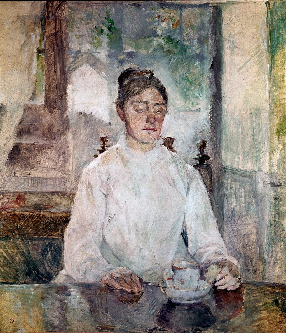 A mãe da artista, a Condessa Adele de Toulouse Lautrec, tomando o café da manhã no Chateau de Malrome. Pintura de Henri de Toulouse-Lautrec (Toulouse Lautrec de Henri de Toulouse Lautrec