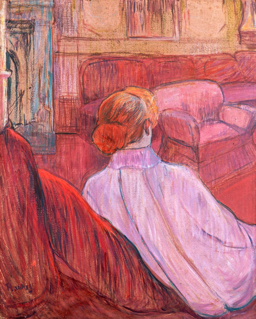 Mulher sentada em um sofá vermelho de Henri de Toulouse Lautrec