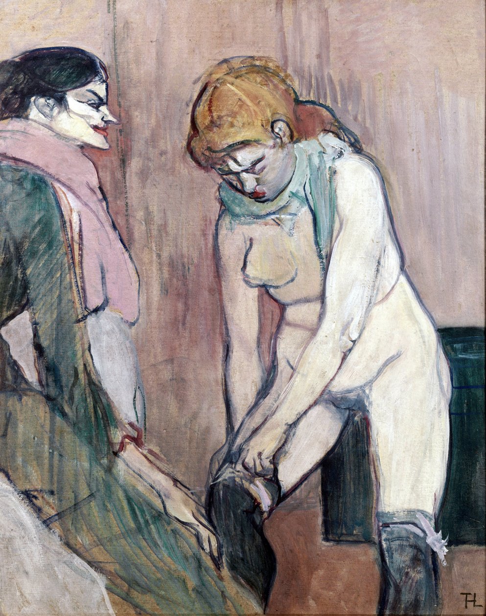 Mulher puxando suas meias ou Mulher de casa (pintura em papelão de Henri de Toulouse Lautrec