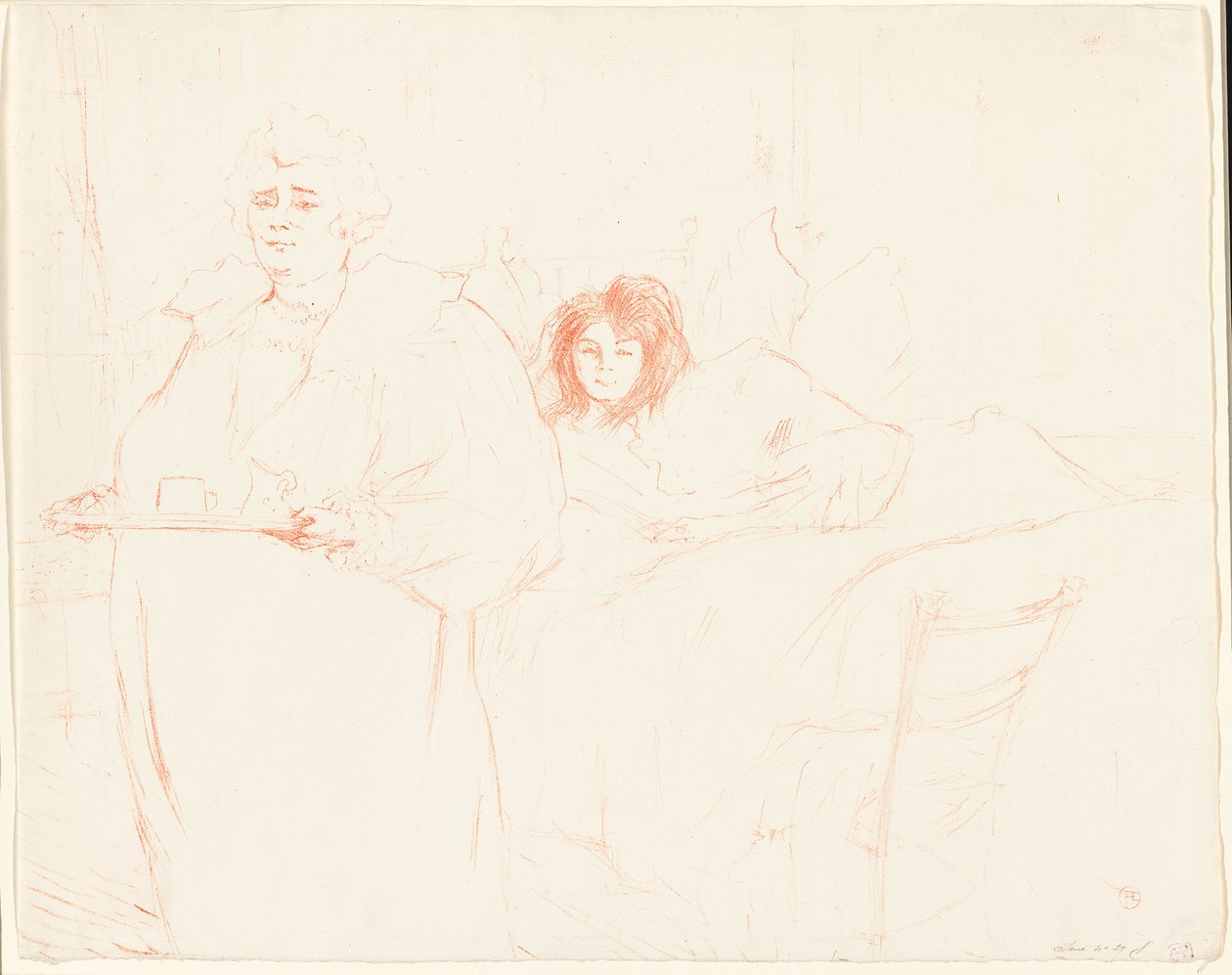 Mulher com uma bandeja—Café da manhã (Madame Baron e Mademoiselle Popo), prato dois de Elles de Henri de Toulouse Lautrec
