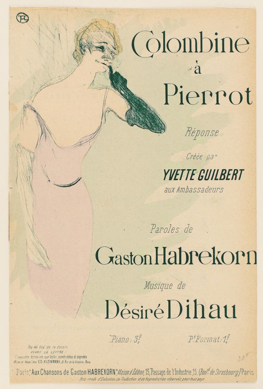 Yvette Guilbert, em Colombina em Pierrot de Henri de Toulouse Lautrec