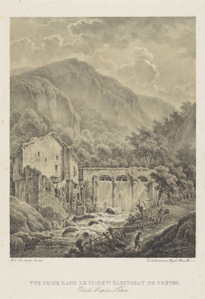 Paisagem de montanha com moinho de água perto de Trier
Vue prise dans le ci-dev. Éectorat de trèves (título sobre o objecto) de Henri van Assche
