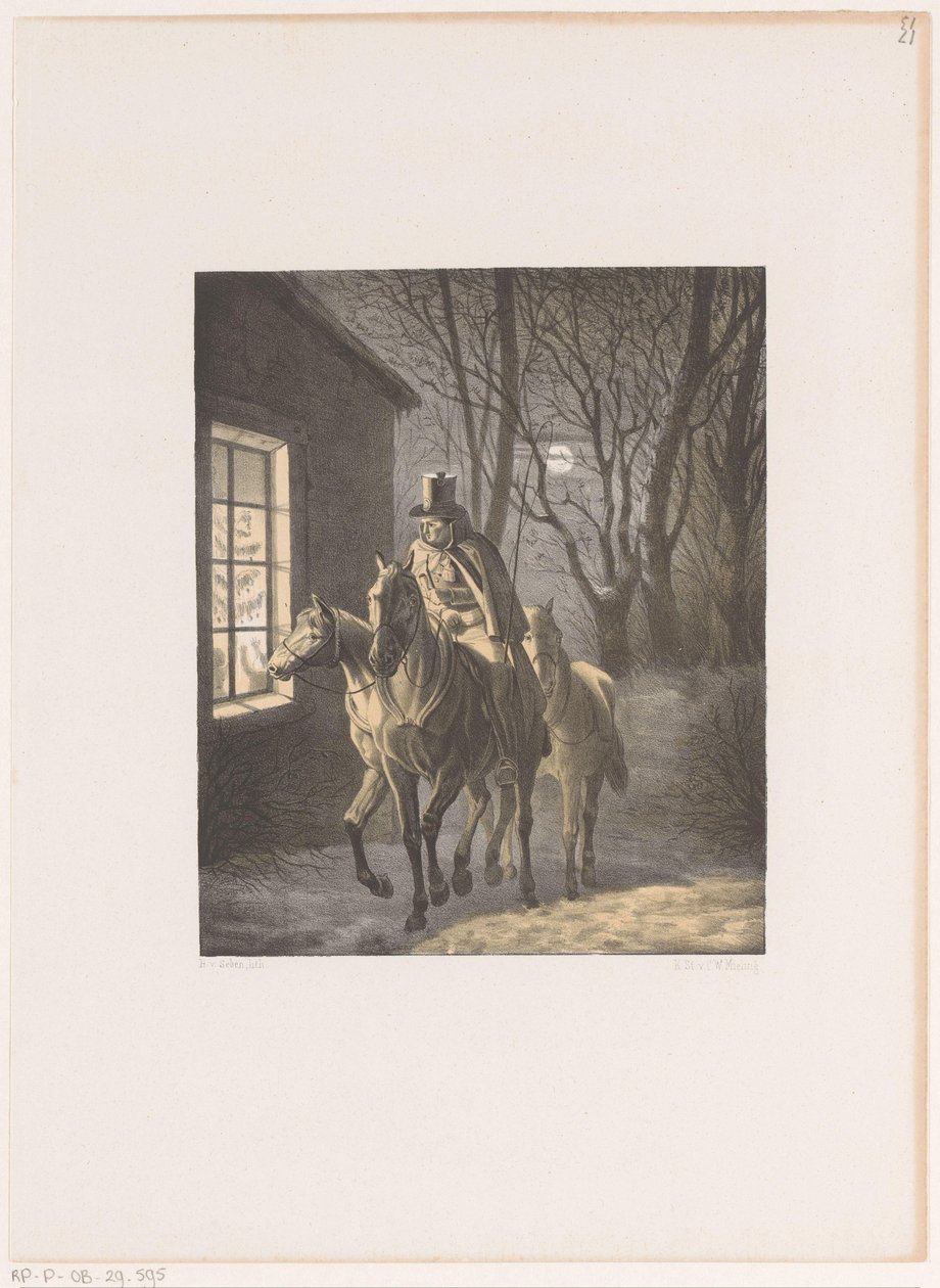 Homem a cavalo a cavalo passando por casa de Henri van Seben