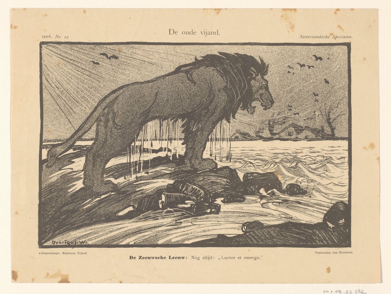Desenhos animados da inundação da tempestade de 1906 The Old Enemy (título no objeto) de Henricus