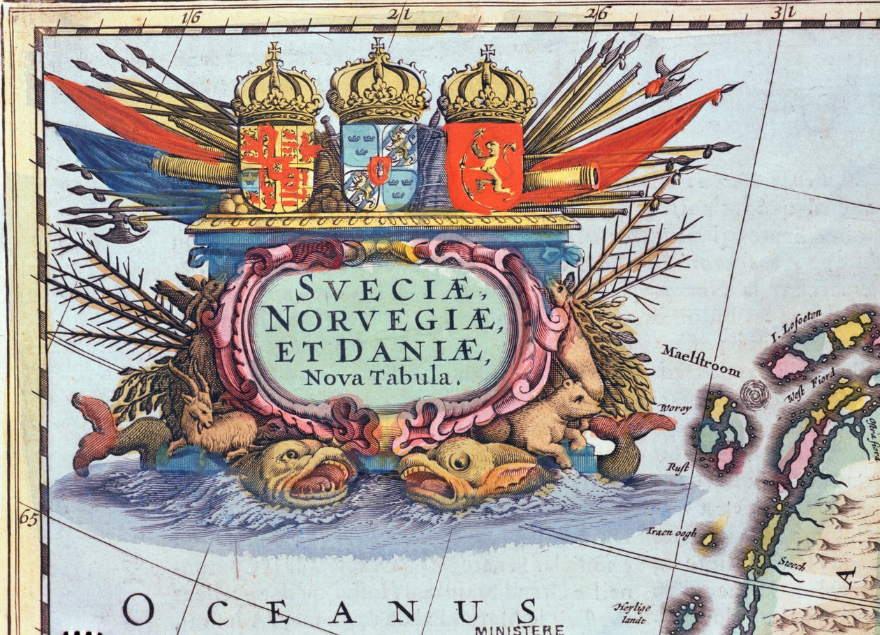 Cartouche de um mapa da Suécia, Noruega e Dinamarca, 1631 (gravura de cor) de Henricus Hondius II