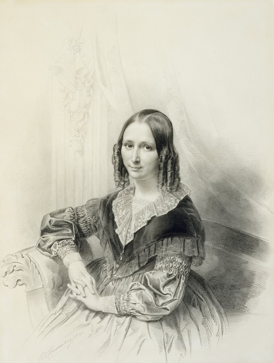 Retrato de Suzanne Herckenrath, 1843 (giz, estompe, lápis e aquarela) de Henricus Wilhelmus Couwenberg
