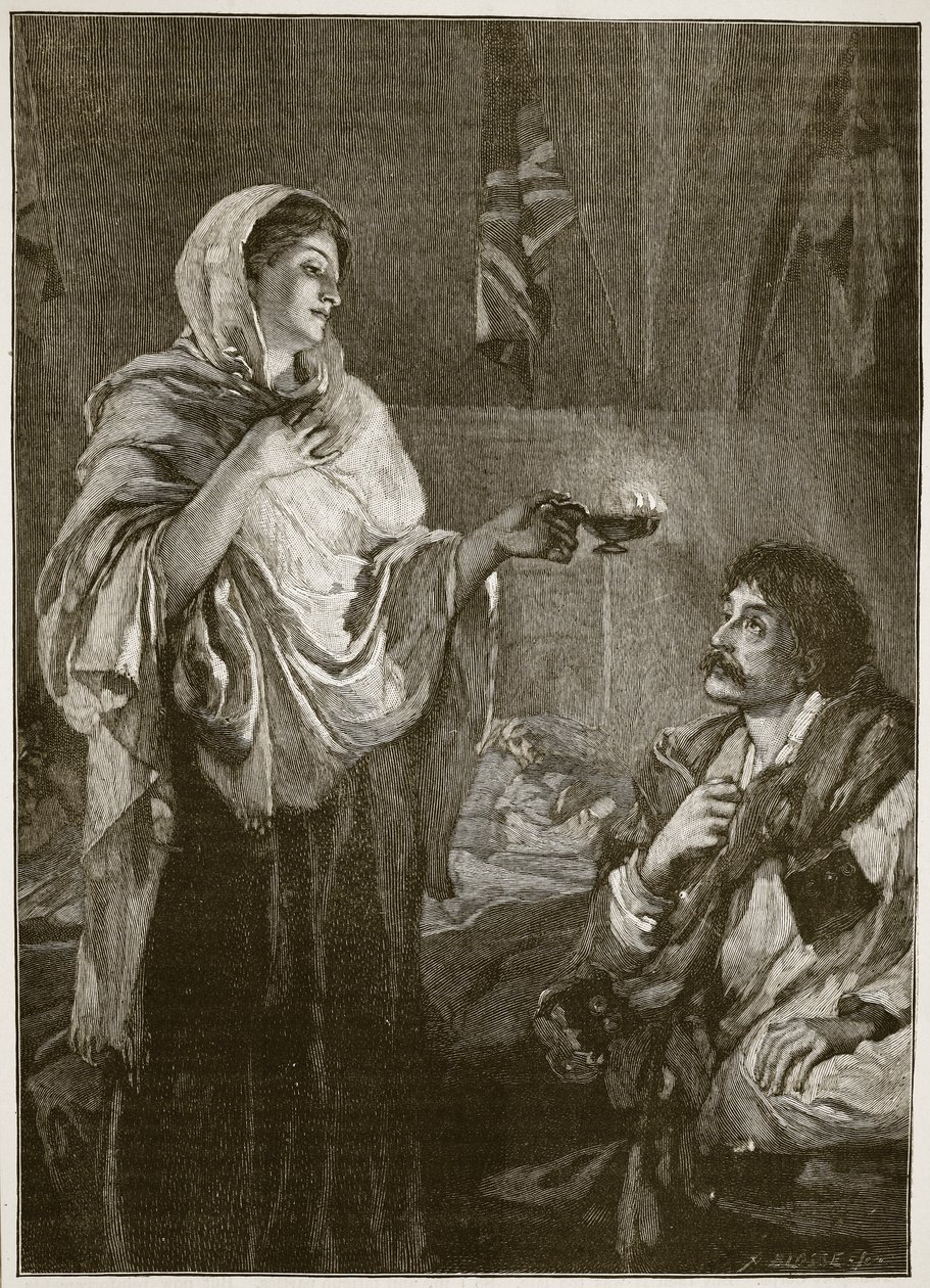 Florence Nightingale no Hospital em Scutari, ilustração de &39;História Ilustrada de Cassell da Inglaterra&39; (foto sépia) de Henrietta Rae
