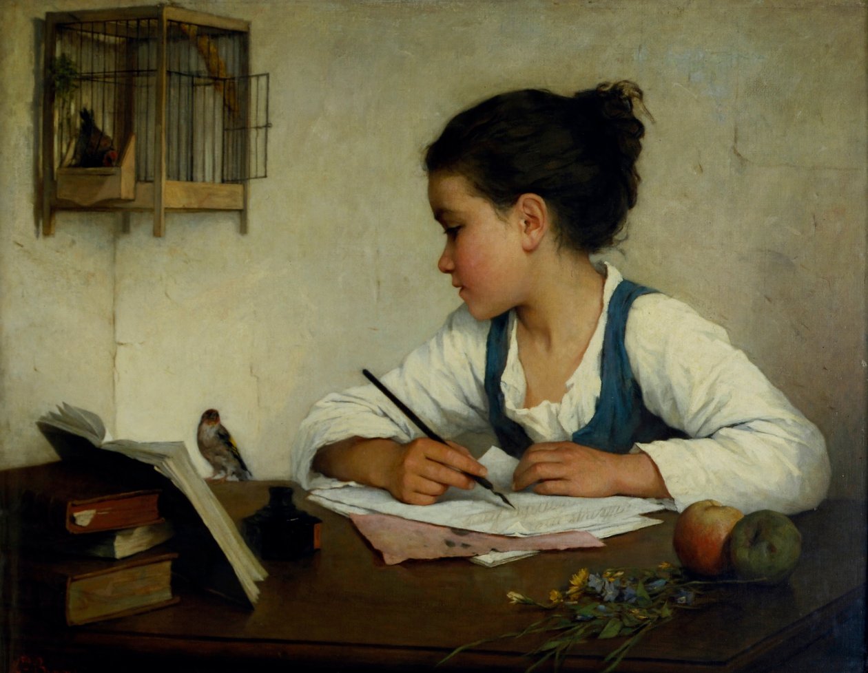 Uma menina escrevendo; O Pintassilgo Pet de Henriette Browne